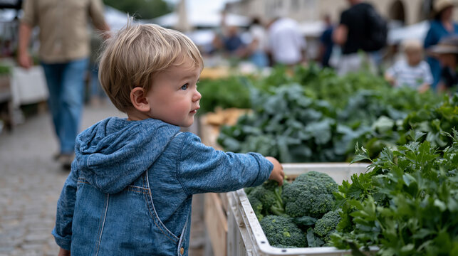 Overprotective parent trails ten steps behind a child at a crowded urban farmers market, arms half-raised in perpetual readiness while the oblivious child reaches confidently toward a vegetable disp