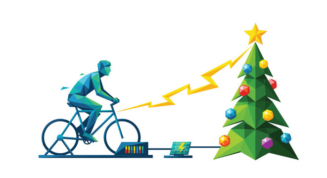 A geometric figure pedals a stationary bicycle to generate electric power that illuminates a festive Christmas tree decorated with ornaments and a bright star topper.