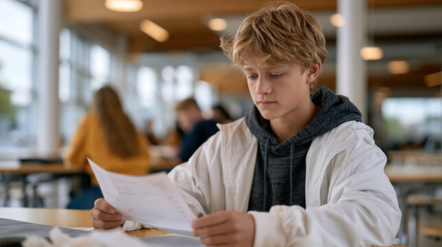Seventh grader sitting alone at cafeteria table staring at returned standardized test marked with low score, September assessment results, academic self-doubt, student performance pressure, middle s