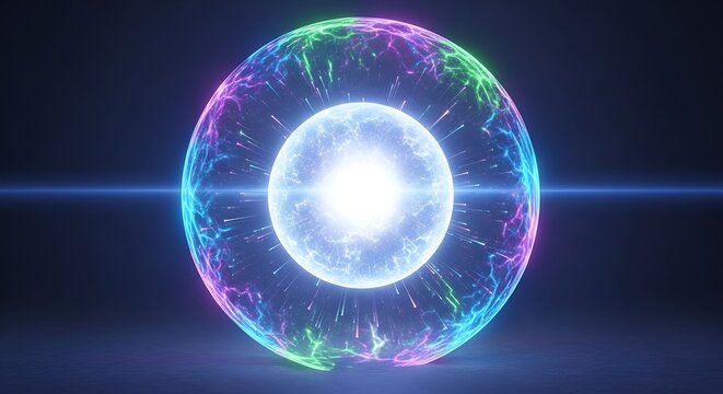 Abstract digital art of glowing cosmic energy sphere.