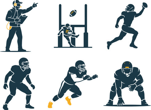 American football players and coach vector silhouettes on a white background for sports illustrations