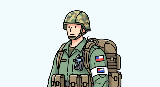 Cartoon Soldier with Backpack and Radio Illustration