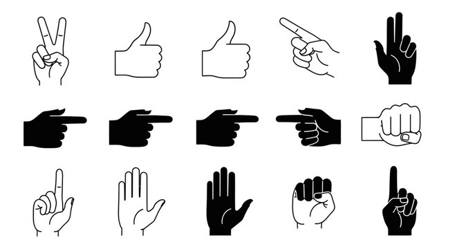 Collection of various hand gesture icons and signs in black and white style.