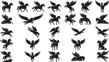 Fototapeta premium Pegasus Silhouette Pose Set Winged Horse Black Vector Collection