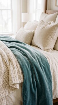 Soft teal velvet throw on neutral bed with knitted blanket and plush pillows creating cozy warm bedroom atmosphere