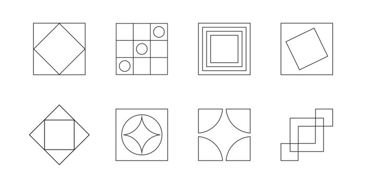 Modern geometric linear forms icon set with abstract brutalism shapes, grids and editable outline vector collection