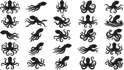 Fototapeta premium Kraken Silhouette Pose Set Sea Monster Black Vector Collection