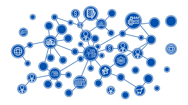 Elegant business network diagram , illustrating an integrated ecosystem of supply chain, e-commerce, finance, and global B2B connectivity.