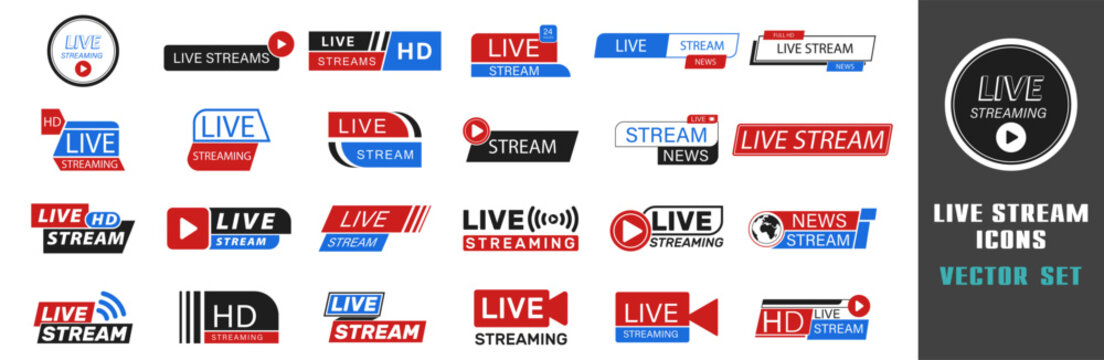 Set of live stream and broadcast icons. Various video and news streaming button symbols.