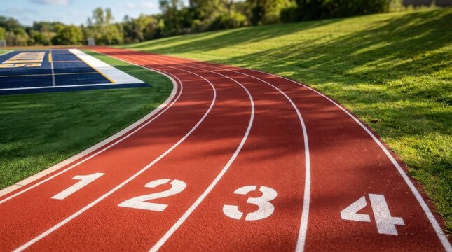 Empty running track lanes with numbers on a sunny day