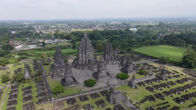 Cinematic Aerial Drone Flight Over Prambanan Temple Complex in Yogyakarta, Indonesia