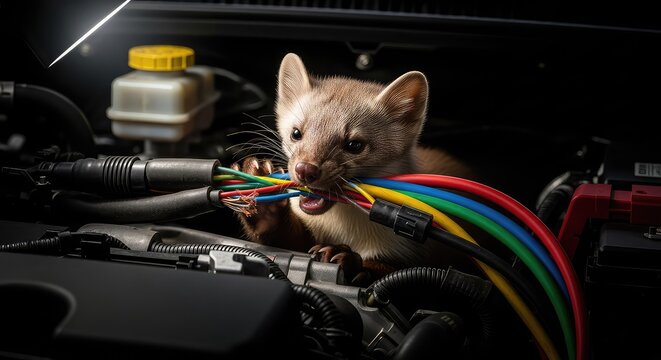A wild beech marten gnaws on colored electrical cables and hoses inside the dark engine compartment of a modern vehicle during the night, rodent, car parts, cable damage