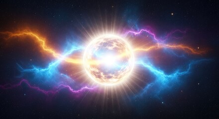 Fototapeta premium An ethereal glowing orb radiates intense light within a vast cosmic nebula featuring vibrant streaks of color and scattered distant stars, imagination, vibrant, galaxy