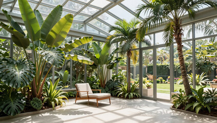 Fototapeta premium Luxurious Glass Sunroom Filled with Tropical Houseplants and Palms