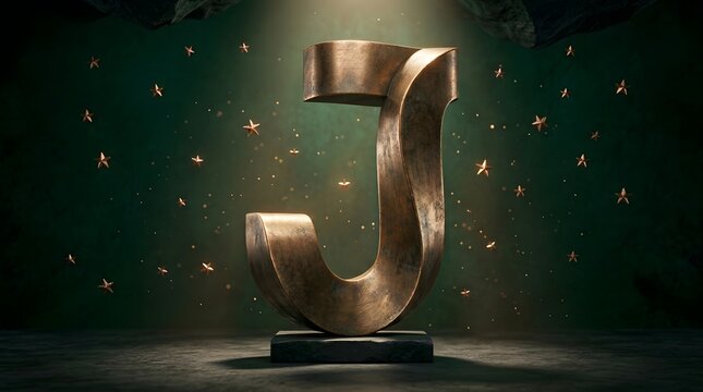 Letter J appears as a heavy bronze casting mounted on a dark platform with subtle spotlights and drifting golden specks.