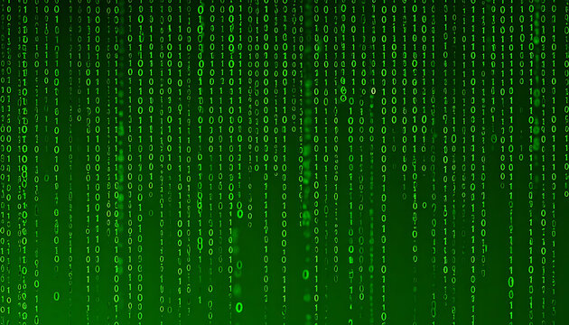 digital rain of green binary code falling, data stream and technology background, abstract concept of programming and algorithms
