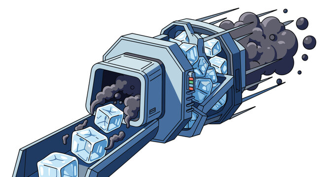 A mechanical device processes frozen ice blocks through a complex internal gear system while emitting dark clouds of smoke on a stark white background.