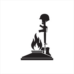 Fototapeta premium Black silhouette of an eternal flame memorial with a military helmet and rifle honoring fallen soldiers. Inspired by military remembrance monuments used for Memorial Day and Veterans commemorations.