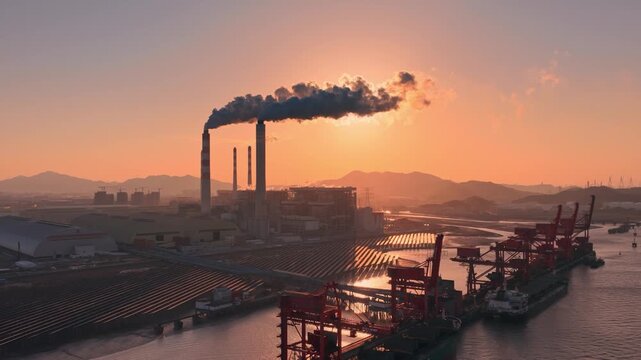 Industrial coal power plant emitting smoke tall chimneys. Global energy production factory infrastructure, environmental air pollution concept. Electricity generation facility station. Ecology crisis.