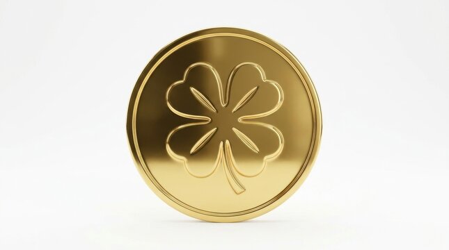 Golden Four-Leaf Clover Coin on White Background. Symbol of Luck, Fortune, and Prosperity for St. Patrick's Day Celebrations and Wealth Concepts. 3D Render.