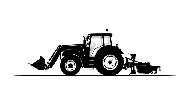 Tractor with front loader and harrow attachment on white background