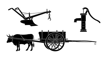 Vintage farm tools and ox cart on white background © Priyanka