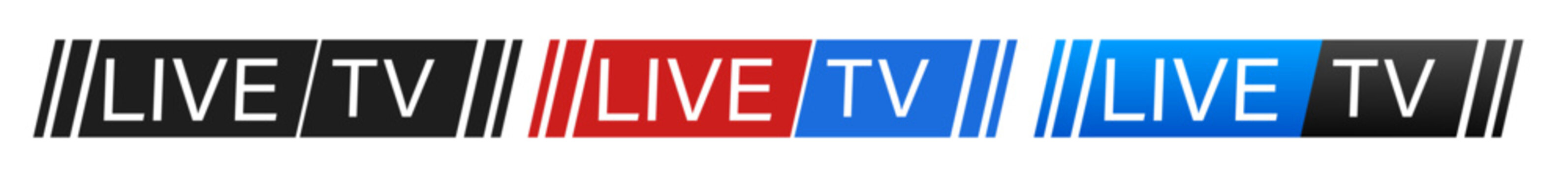 Set of live TV lower third banners in red, blue, and black. Broadcast graphics for streaming and media.