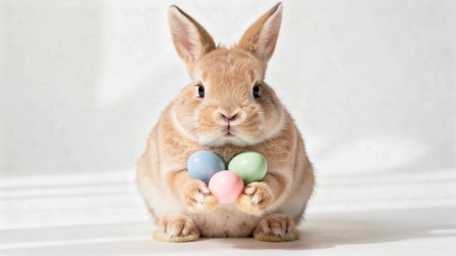 Adorable brown bunny holding pastel Easter eggs on white background cute spring holiday