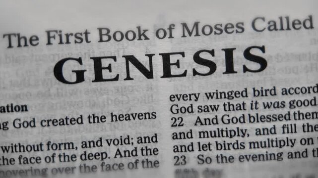 Genesis bible text macro camera moving to book title scripture creation story christian faith holy bible