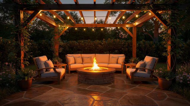Cozy backyard patio with fire pit seating under wooden pergola illuminated by string lights at dusk
