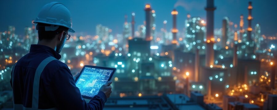 Engineer uses tablet at night city refinery. Digital data controls plant operations. Tech industry develops sustainable energy. Future smart factory manages global resources.