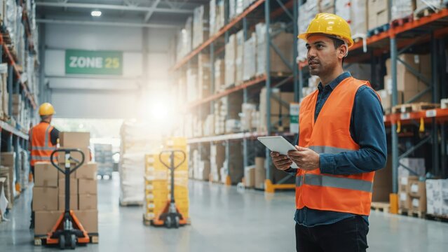 Warehouse worker wearing a safety vest and hard hat holding a clipboard for check