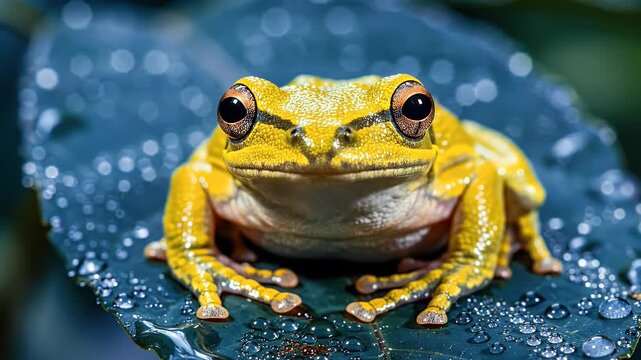 A vibrant yellow frog with large eyes rests on a wet, dark green leaf