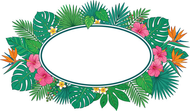 Tropical floral frame vector set with cartoon monstera leaves pink hibiscus bird of paradise flowers plumeria and palm wreath borders