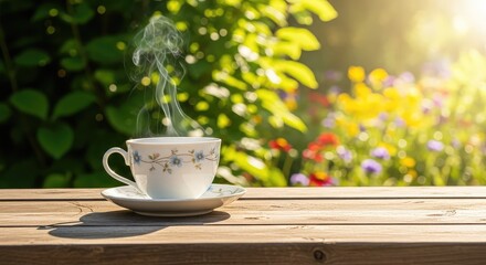 Taza de té humeante sobre una mesa de madera rústica en un jardín soleado, rodeada de hojas verdes y flores silvestres desenfocadas, textura, pocillo, rústico © Hugnaka