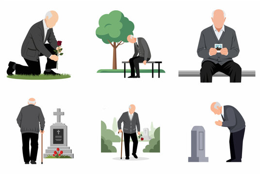 Sad Elderly Man Mourning at Cemetery and Grieving Loss Illustration Set