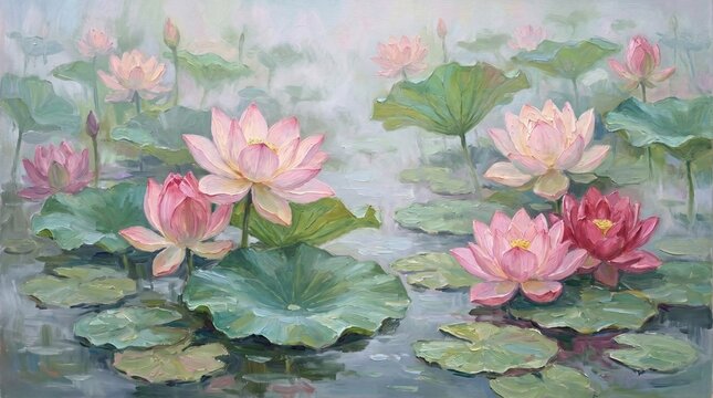 Impressionist Oil Painting of Pink Lotus Flowers on Calm Pond Water