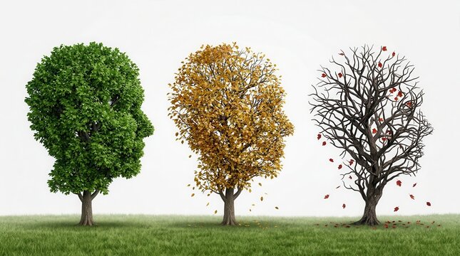 Conceptual illustration of memory loss shown through three human head shaped trees in different seasons.