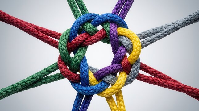 Colorful ropes forming a central network connection in a circular knot.