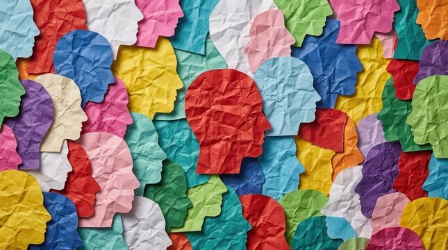 Colorful crumpled paper head silhouettes representing schizophrenia mental disorder.