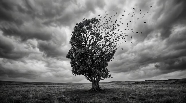 Conceptual illustration of Alzheimer's disease showing a tree in the shape of a human head.