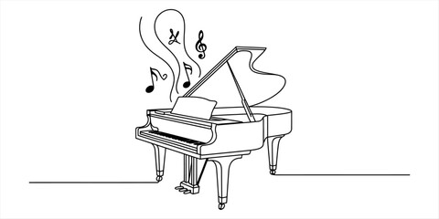 Continuous single line drawing of a grand piano with musical notes © DCB Line Stocker