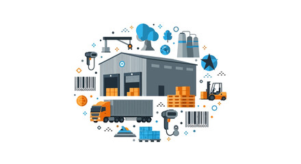 Fototapeta premium Global Logistics and Supply Chain Concept Illustration with Warehouse, Delivery Truck, Forklift, and Industrial Icons