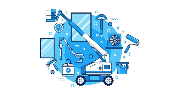 Industrial Building Maintenance and Exterior Cleaning Service Vector Illustration Featuring Boom Lift, HVAC Repair, and Window Washing Tools