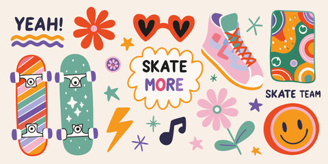 Retro Skateboarding Elements Vector Illustration With Colorful Graphics © Bibhas