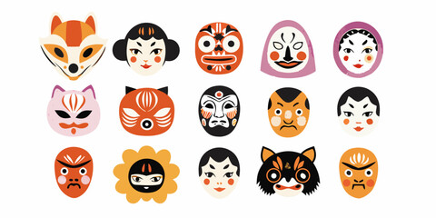 Fototapeta premium Japanese Masks Collection Colorful Vector Illustration On White Background
