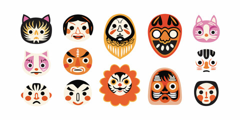 Fototapeta premium Collection Of Traditional Japanese Masks Flat Vector Illustration