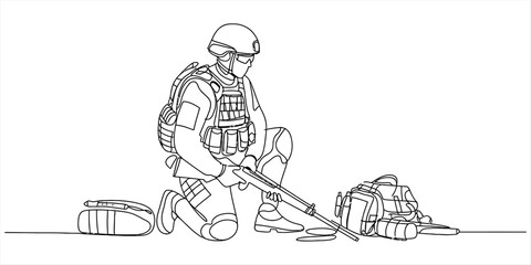 A tactical soldier kneeling on the ground while holding a rifle and preparing equipment for a mission in a black and white line art drawing style © DCB Line Stocker