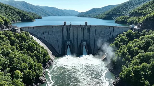 Massive concrete dam holding back a large blue lake, surrounded by lush green mountains