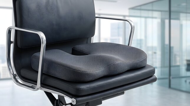 Ergonomic memory foam cushion sitting on a professional black leather office chair to provide comfort and lumbar support for workers